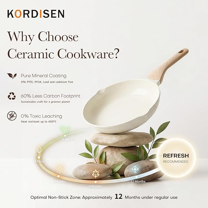 Kordisen Ceramic Non Stick Frying Pans Skillet, 9.5 Inch Ceramic Frying Pan Nonstick for Cooking Non Toxic, Healthy Induction Cookware, Heat Resistant Handle, PFOA & PFAS Free