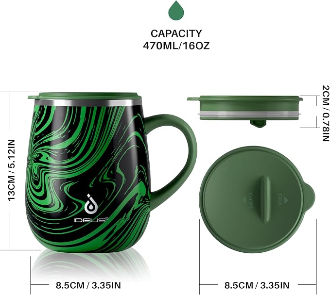 Ideus 16 oz (470 ml) Insulated Coffee Mug with Handle and Lid, Double Wall Stainless Steel Vacuum Thermal Coffee Mug, Travel Coffee Cup Thermal Cup for Home and Office (Green Zebra)