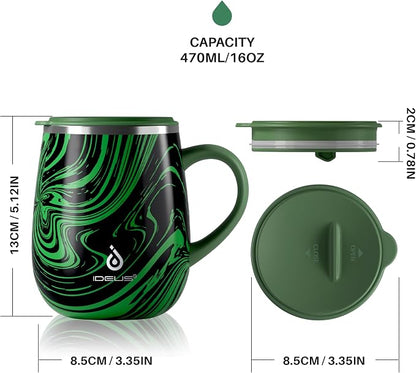 Ideus 16 oz (470 ml) Insulated Coffee Mug with Handle and Lid, Double Wall Stainless Steel Vacuum Thermal Coffee Mug, Travel Coffee Cup Thermal Cup for Home and Office (Green Zebra)