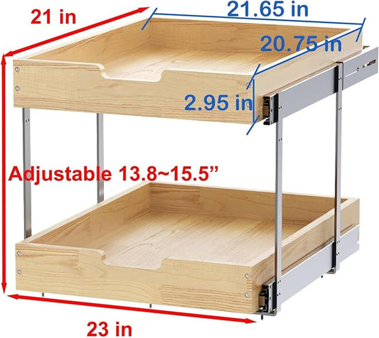 Sikarou Wood Pull Out Cabinet Organizer 2 Tie 23" W x 21" D, Heavy-Duty Sliding Drawers for Inside Cabinets Storage and Organization for Kitchen, Pantry, Bathroom