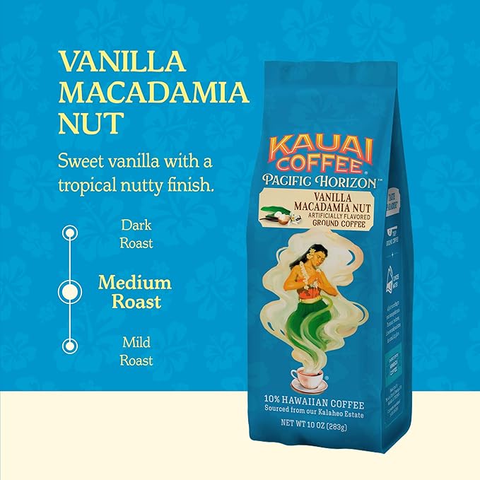 Kauai Hawaiian Ground Coffee, Vanilla Macadamia Nut Flavor (10 oz Bag) - 10% Hawaiian Coffee from Hawaii's Largest Coffee Grower - Bold, Rich Blend, 10 oz