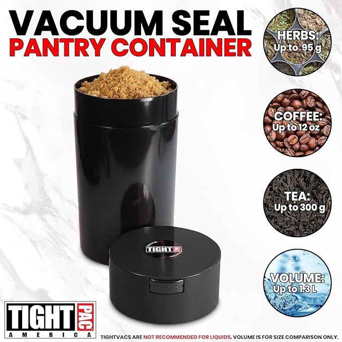 Tightvac 3 to 12 Ounces Airtight Smell Proof Container - Patented Vacuum Seal, Storage for Coffee, Herbs, Tea, Spices, Dry Goods - Odor Resistant Vacuum Jar, Black