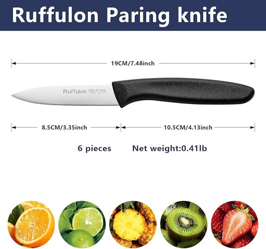 Paring Knife Fruit Knife Set (6 Pieces), Ultra Sharp Stainless Steel Vegetable and Fruit Knife with PP Plastic Ergonomic Handle for Cutting Fruits and Vegetables.Black.