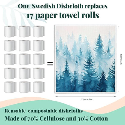 Winter Tree Christmas Swedish Dishcloths for Kitchen, Swedish Dish Cloths for Pine Tree, Papaya Reusable Paper Towels, 4 Pack Dish Towels for Kitchen, Reusable Paper Towels Washable