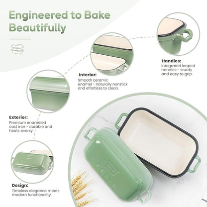 Enameled Cast Iron Dutch Oven Pot with Lid, Dutch Oven for Sourdough Bread Baking, 10×6 Bread Loaf Pans with Lid for Homemade Bread, Cake, Meatloaf, Oven & Induction Safe (Green, 3.84 QT)