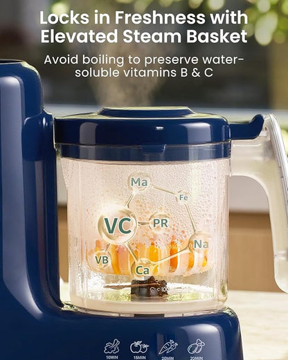 Grownsy Baby Food Maker with Steam Basket, One Step Baby Food Processor Steamer Puree Blender Grinder Mills Machine, Auto Cooking Grinding and Sterili-zing for Healthy Homemade Baby Food, Dark Blue