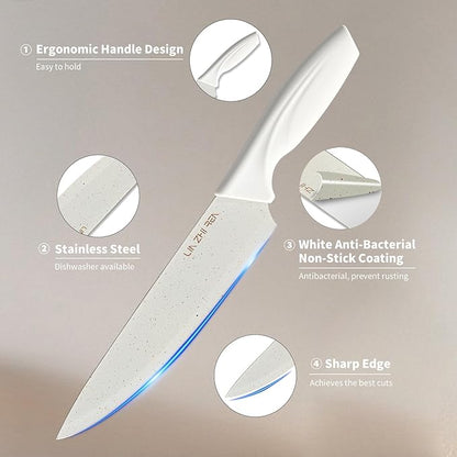 15 Piece Knife Set，Kitchen Knife Block Set，White stainless steel knife set with sharpener for Chopping, Slicing, Dicing & Cutting，Dishwasher safe