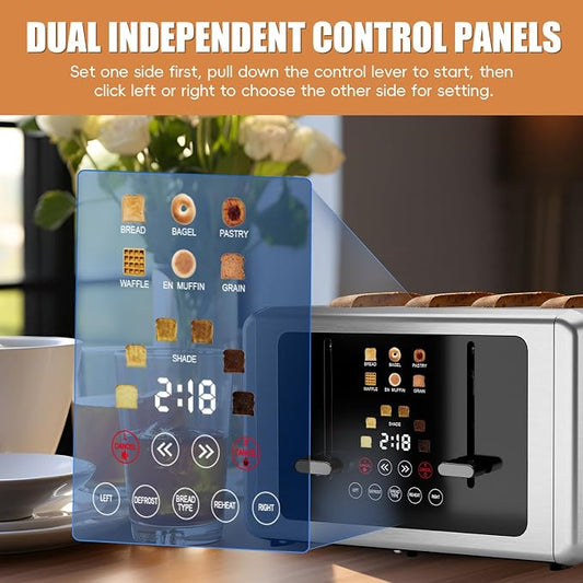 Whall 4-Slice Smart Toaster with Touchscreen & Extra-Wide Slots, Dual Independent Control, 6 Browning Levels & 6 Bread Types, Memory Function,Countdown Timer, Ideal Kitchen Gift