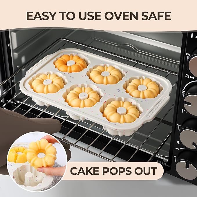 FUNBAKY 3 Inch Mini Fluted Tube Cake Pans for Baking with Metal Reinforced Frame, 2Pcs Silicone 6-Cavity Mini Flan Molds, Nonstick Baking Mold for Cupcake, Brownie, Donuts, Cornbread, Jello