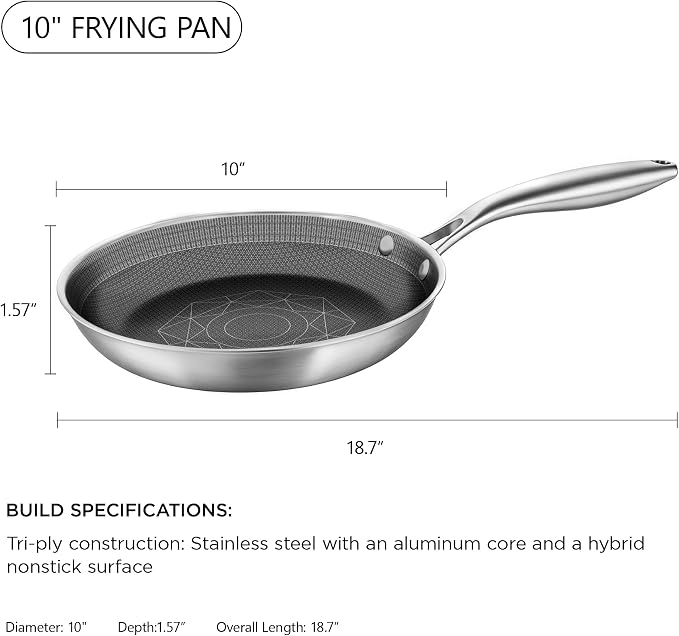 COOKER KING 10-Inch Stainless Steel Pan, Hybrid Nonstick Frying Pan – 3-Ply Clad Cookware, Healthy & Non-Toxic, Dishwasher & Oven Safe, Stay-Cool Handle, Induction Compatible – Metal Utensil Safe