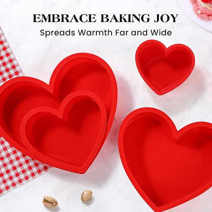 3 Pcs Silicone Heart Shaped Cake Pans 10 Inch 8 Inch 6 Inch Mini Small Large Heart Cake Pan Set Nonstick Silicone Heart Molds for Baking (Red)