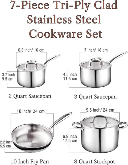 Cook N Home Classic Tri-ply Clad Stainless Steel Cookware Set, 7-Piece Pots and Pans