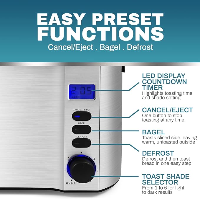 Elite Gourmet ECT4400B# Long Slot 4 Slice Toaster, Countdown Timer, 6 Toast Setting, Defrost, Cancel Function, Built-in Warming Rack, Extra Wide Slots for Bagel Waffle, Stainless Steel