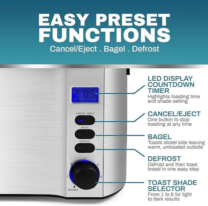 Elite Gourmet ECT4400B# Long Slot 4 Slice Toaster, Countdown Timer, 6 Toast Setting, Defrost, Cancel Function, Built-in Warming Rack, Extra Wide Slots for Bagel Waffle, Stainless Steel