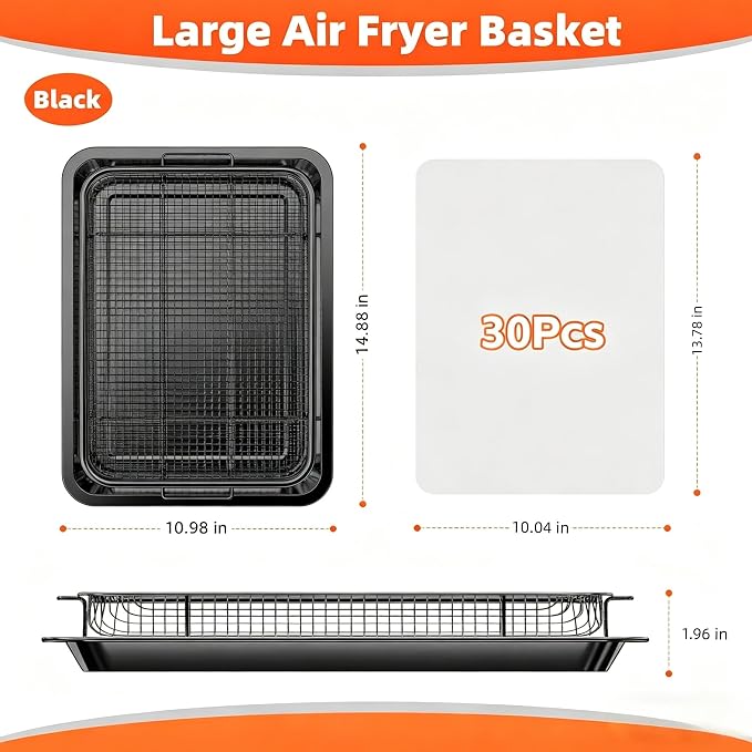 Air Fryer Pans for Oven, Oven Air Fryer Basket and Tray with Cooking Guide &30 PCS Parchment Papers, DEGOVIN Crisper Tray Non-stick Stainless Steel Air Fry Pans for Convection Oven(14.88"×10.98"Black)