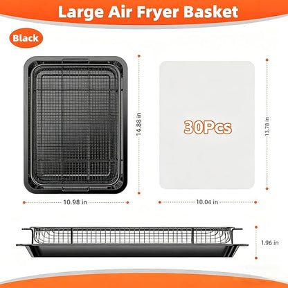 Air Fryer Pans for Oven, Oven Air Fryer Basket and Tray with Cooking Guide &30 PCS Parchment Papers, DEGOVIN Crisper Tray Non-stick Stainless Steel Air Fry Pans for Convection Oven(14.88"×10.98"Black)
