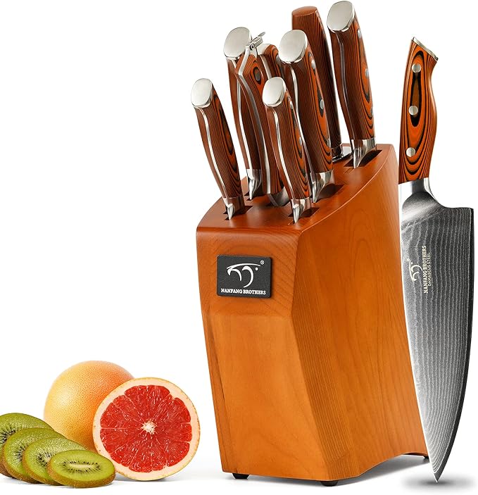Damascus Kitchen Knife Set, 9-Piece Knives Set for Kitchen with Block, Non-slip G10 Ergonomic Triple Rivet Handle for Chef Knives, Knife Sharpener and Kitchen Shears, Natural Wood Block (Red)