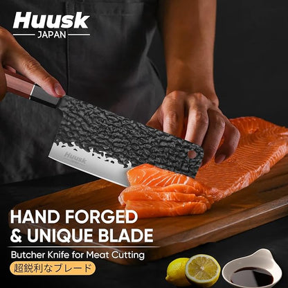 Huusk Japanese Meat Cleaver Knife - 6.7" Hand Forged Knives, 3 Layers 9CR18MOV High Carbon Kitchen Knife, Professional Sharp Cooking Knives with Ergonomic Handle Christmas Gift for Men and Women