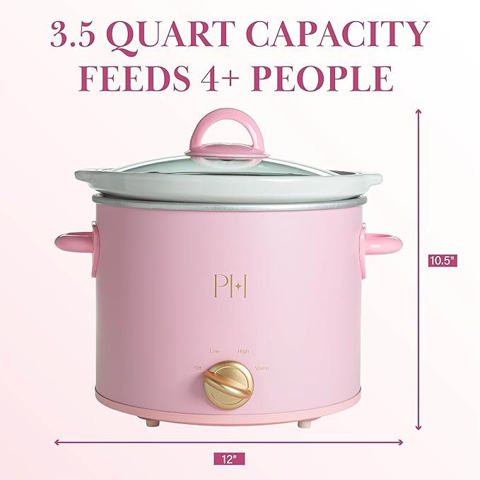 Paris Hilton 3.5-Quart Manual Slow Cooker, Naturally Nonstick Stoneware Ceramic Insert, Three Settings (Low, High, Warm), Dishwasher Safe Family Size Slow Cooker, Pink