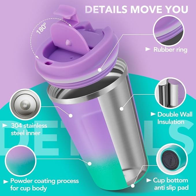 Volhoply 12 oz Double Wall Insulated Vacuum Travel Coffee Mug with Flip Lid Bulk 2 Pack,Reusable Stainless Steel Leak Proof Coffee Cup,Cafe Thermal Tumbler for Cold & Hot Drinks(Purple Green,2 Set)