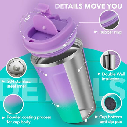 Volhoply 12 oz Double Wall Insulated Vacuum Travel Coffee Mug with Flip Lid Bulk 2 Pack,Reusable Stainless Steel Leak Proof Coffee Cup,Cafe Thermal Tumbler for Cold & Hot Drinks(Purple Green,2 Set)