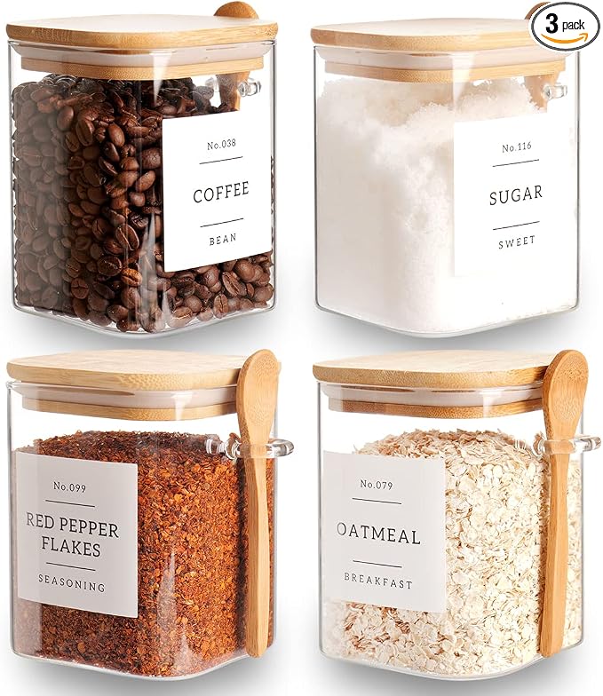 CZZGSM Set of 4 Square Glass Jar with Bamboo Lids and Spoons – Airtight 27 oz Borosilicate Glass Food Storage Contaienrs with 132 Kitchen Pantry Labels for Coffee, Tea, Sugar