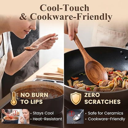 HAKSEN Wooden Spoons for Eating, 8.2 Inch Wood Mixing Soup Spoon with Long Handle for Korean Food Daily Meal Stirring Sauce Coffee, 6PCS