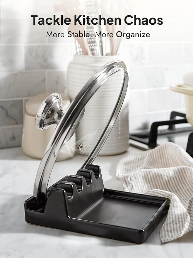 LE TAUCI Ceramic Spoon Rest with Lid Holder for Stove Top, Multi-Utensil Spoon and Pot Lid Rest for Kitchen Counter, 6.2" Heavy Duty Spatula Ladle Holder with Drip Pad, Kitchen Gadgets, Black