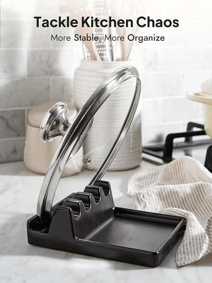 LE TAUCI Ceramic Spoon Rest with Lid Holder for Stove Top, Multi-Utensil Spoon and Pot Lid Rest for Kitchen Counter, 6.2" Heavy Duty Spatula Ladle Holder with Drip Pad, Kitchen Gadgets, Black