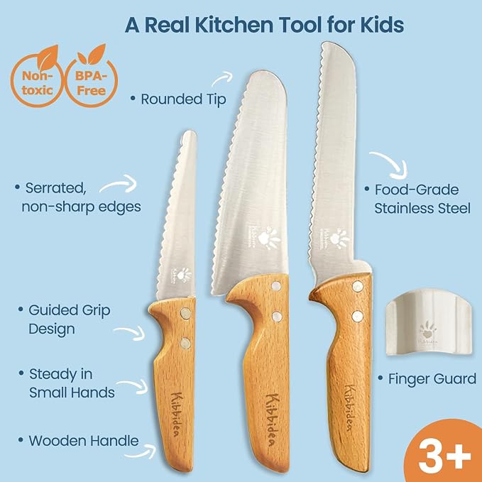 Kibbidea Kids Knife Set for Real Cooking, 4PCS Safe Kitchen Knives for Toddlers and Kids, Food-Grade Stainless Steel Blades for Cutting and Chopping, Child-Safe Beginner Chef Set, BPA-Free