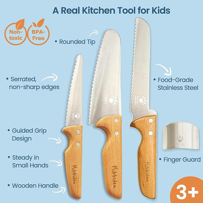 Kibbidea Kids Knife Set for Real Cooking, 4PCS Safe Kitchen Knives for Toddlers and Kids, Food-Grade Stainless Steel Blades for Cutting and Chopping, Child-Safe Beginner Chef Set, BPA-Free