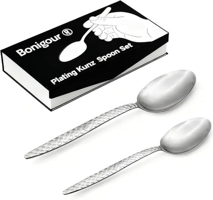Kunz Spoons - Professional Chef Spoon Set for Basting, Plating, Quenelle, Serving, Sauces| Vintage-inspired 8" & 9" Spoon Set| Culinary Plating Tools with Non-Slip Grip (Matte Silver)
