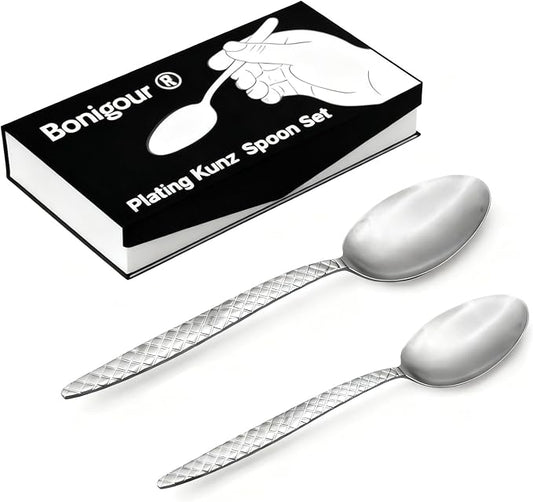 Kunz Spoons - Professional Chef Spoon Set for Basting, Plating, Quenelle, Serving, Sauces| Vintage-inspired 8" & 9" Spoon Set| Culinary Plating Tools with Non-Slip Grip (Matte Silver)