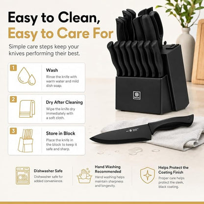 19-Piece Kitchen Knife Block Set with Built-in Sharpener, Upgraded Non-Stick Coating Blades, Ergonomic Handles, Dishwasher Safe, Black