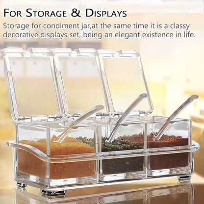 V·RESOURCING Clear Seasoning Box, 3 Pieces Seasoning Rack Spice Pots Storage Container for Spice Salt Sugar Cruet Liquid,Condiment Jars with 3 Spoons