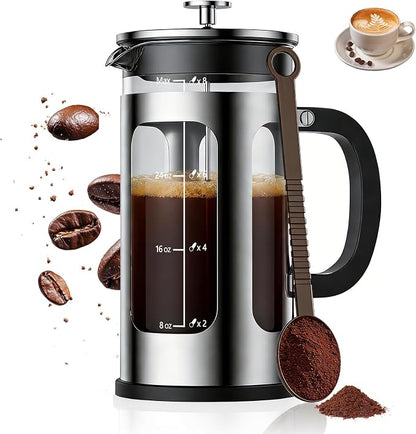 French Press Coffee Maker 34oz, Heat Resistant Thickened Glass Stainless Steel Brewer, No Plastic Touching Cafe, 4-Level Filtration, Cold Brew Cafe/Tea Pot for Kitchen Camping Travel, Gifts, Bar