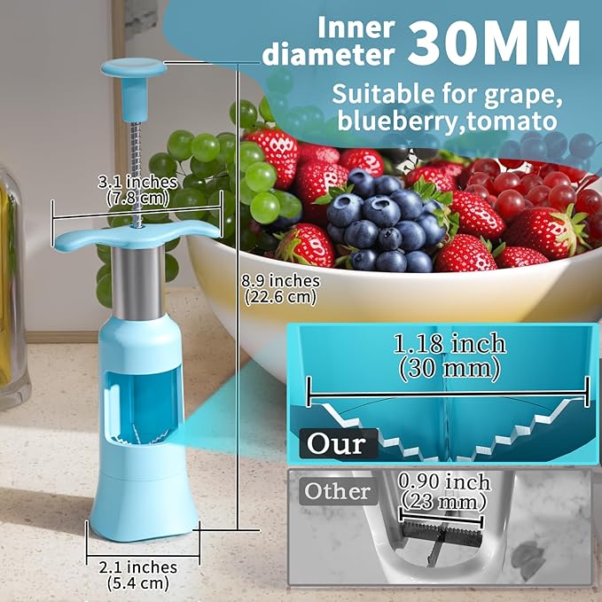 Newness Grape Cutter for Toddlers 1-3 with 2 Straw Brushes & 2 Types of Slicing Tomato Slicer Blueberry Cherry Grape Quarter Cutter Kitchen Gadgets for Salad Pasta Cake Decoration (Blue)