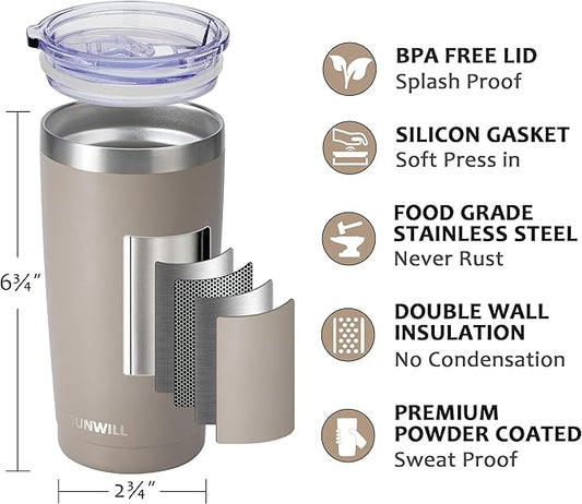 SUNWILL Travel Coffee Tumbler 20 oz, Insulated Mug with Lid, Stainless Steel Cup for Outdoor, Powder Coated Taupe