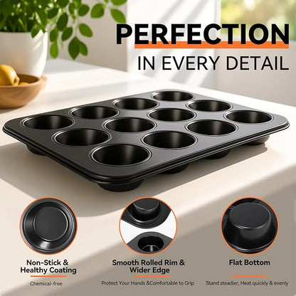 Yoehka 2 Pack Muffin Pan for Baking, Nonstick Cupcake Pan Set, Standard 12-Cups Muffin Tin for Baking Cupcakes, Carbon Steel Baking Supplies