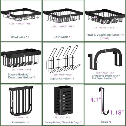PUSDON Over the Sink Dish Drying Rack, 2 Tier Adjustable Large Capacity Stainless Steel Dish Rack for Kitchen Counter, Heavy Duty Space Saver Organizer with Utensil Holder, Black