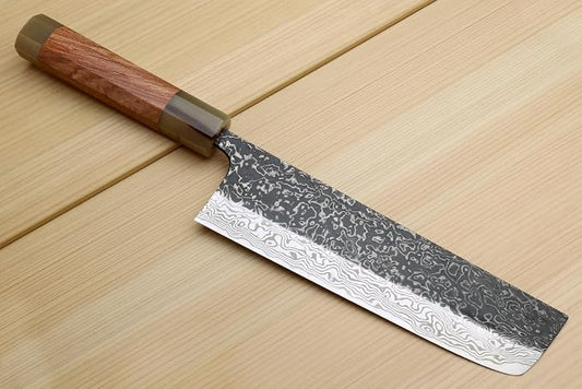 Yoshihiro Black-Forged High Performance SLD Damascus Steel Nakiri Vegetable Knife (7" (180mm), Ironwood Handle) (No Saya)