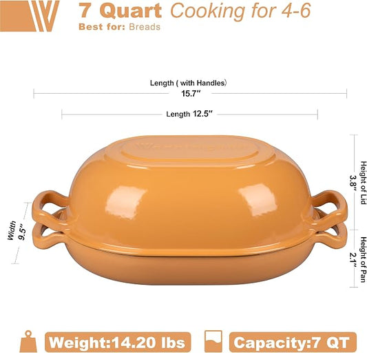 VORRINGARD Enameled Cast Iron Sourdough Bread Oven, Dutch Oven, Loaf Cast Iron Bread Pan for Homemade Bread Baking, Meatloaf Pan with Lid, 7QT, Yellow