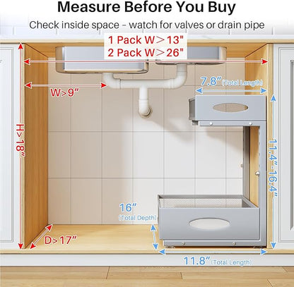 Under Sink Organizer, 2 Tier Pull Out Under Cabinet Organizer Shelf with Pad for Framed Cabinets, Metal Slide Out Under Sink Storage, Mesh Sliding Drawers for Kitchen Bathroom Laundry(Grey, 1 Pack)