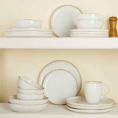 Pokini 32 Piece White Dinnerware Set with Pasta Bowls, Reactive Glaze Stoneware for 8 | Perfect for Multi‑Course Dinners, Hosting Large Groups, Holiday Serving Needs