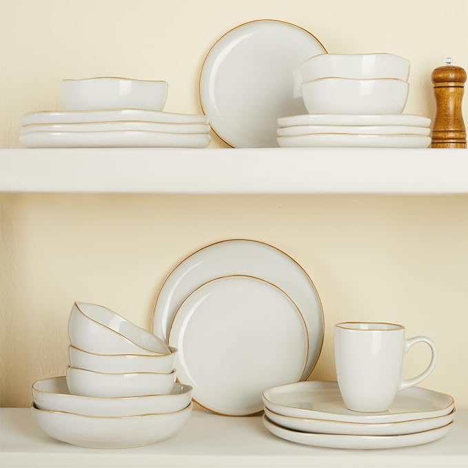 Pokini 18 Piece White Reactive Glaze Dinnerware Set for 6, Irregular Coastal Shape Stoneware | Elegant & Minimal Design for Daily Family Dinners or Weekend Guests