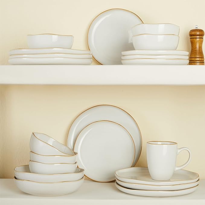Pokini Plates and Bowls Sets, 16 Pieces Dinnerware Set for 4 with Pasta Bowls, Handmade Dishes Set, Chip Resistant Dishware Sets, Microwave Safe Dinner Set, Designed for Interactive Meals, White