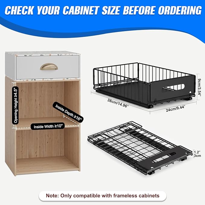 2 Pack Pull Out Cabinet Organizer, 15"" Depth Slide Out Pantry Drawer with Nano Adhesive (No Drilling), Heavy Duty Wire Basket for Kitchen, Under Sink, Bathroom, 9.44"" W x 3.54"" H, Black