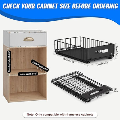 2 Pack Pull Out Cabinet Organizer, 15"" Depth Slide Out Pantry Drawer with Nano Adhesive (No Drilling), Heavy Duty Wire Basket for Kitchen, Under Sink, Bathroom, 9.44"" W x 3.54"" H, Black