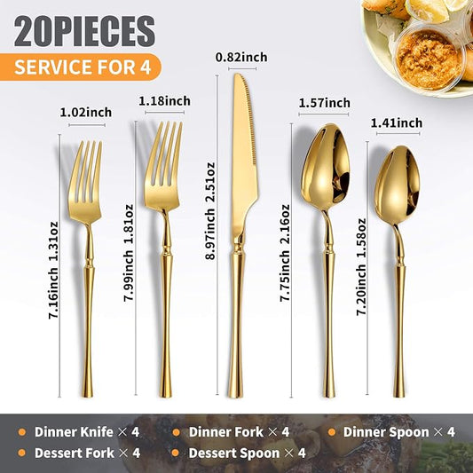 Lemeya 20 Piece Glossy Gold Silverware Set,18/10 Stainless Steel Flatware Set Service for 4,Unique Cutlery Set with Canton Tower Handle,Forks Spoons and Knives Set,Mirror Polished,Dishwasher Safe
