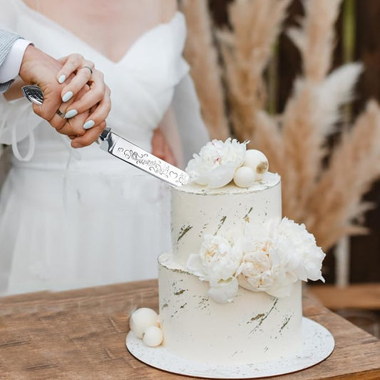 KSENDALO Elegant Wedding Cake Cutting Set with Hollow Handle Cake Knife and Server Set, SUS304(18/8S) Stainless Steel Cutter & Server for Weddings, Birthdays, Parties& Celebrations,13.78 Inch, Silver